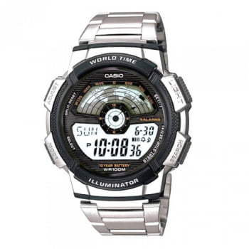 Relógio Casio Masculino Prateado Digital World Time Exibição do Mapa Mundial Á Prova d'água AE-1100WD-1AVDF