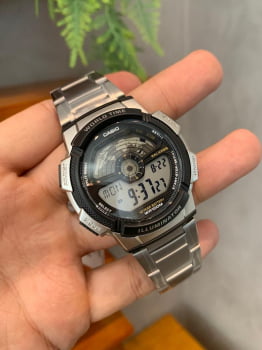 Relógio Casio Masculino Prateado Digital World Time Exibição do Mapa Mundial Á Prova d'água AE-1100WD-1AVDF