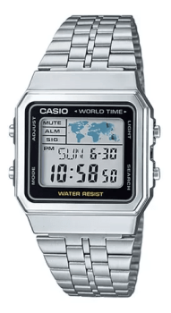 Relógio Casio Prateado Digital World Time com Exibição do Mapa Mundial  A500WA-1DF