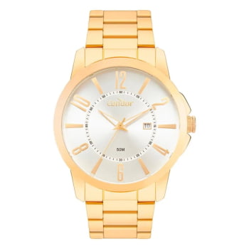 Relógio Condor Masculino Dourado Mostrador Prateado com Calendário Á Prova D'água CO2115MXB/4K
