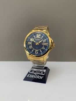 Relógio Condor Masculino Dourado Visor Azul com Calendário e Taquímetro Á Prova D'água CO2117AQ/4A