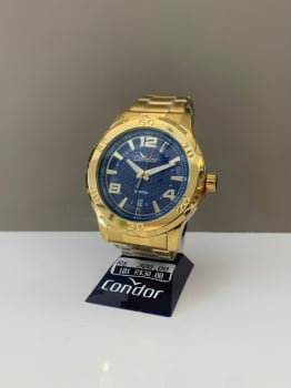 Relógio Condor Masculino Dourado Mostrador Azul com Calendário e Taquímetro Á Prova D'água CO2415BB/4A