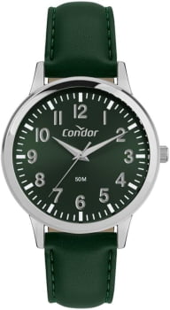 Relógio Condor Masculino Prateado Mostrador Verde Todo Numerado com Pulseira em Couro Á Prova D'água CO2035NRP/3V