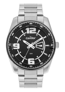 Relógio Condor Masculino Prateado Mostrador Preto com Calendário e Taquímetro Á Prova D'água CO2115MYM/4P