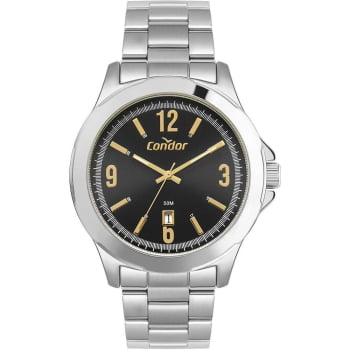 Relógio Condor Masculino Prateado Mostrador Preto com Calendário Á Prova D'água CO2115NAU/4P