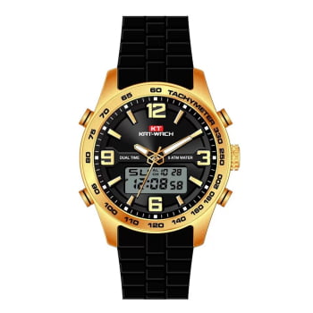 Relógio Kat-Watch Masculino Dourado Fosco Display Duplo com Pulseira em Silicone e Taquímetro KT-1206