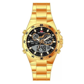 Relógio Kat-Wach Masculino Dourado Digital e analógico com Visor Preto e Taquímetro KT-1121
