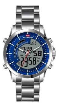 Relógio Kat-Watch Masculino Prateado Display Duplo com Visor Azul KT-1125