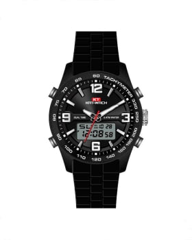 Relógio Kat-Watch Masculino Preto Fosco Display Duplo com Pulseira em Silicone e Taquímetro KT-1206 