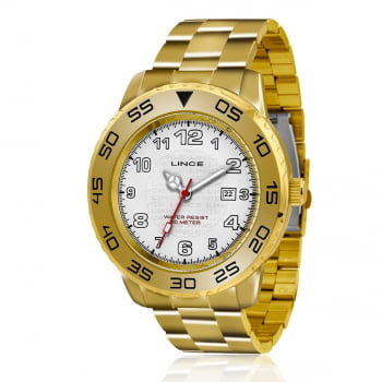 Relógio Lince Masculino Dourado mostrador branco com Calendário Á prova d'água MRG4335L