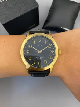 Relógio Lince Masculino Dourado Todo Numerado com Visor Preto Pulseira Preta em Couro Á Prova d'água MRCH187L46