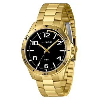 Relógio Lince Masculino Dourado com Visor Preto Á Prova D'água MRGM006L46