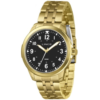 Relógio Lince Masculino Dourado com Visor Preto Todo Numerado Á Prova D'água MRGM056L46 Relógio Lince Masculino Dourado com Visor Preto Todo Numerado Á Prova D'água MRGM056L46