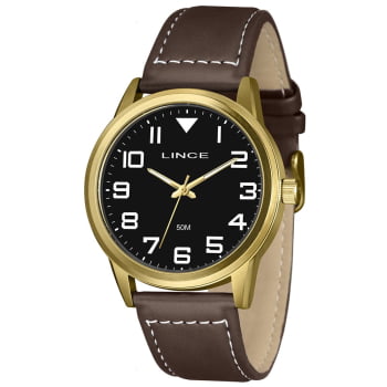 Relógio Lince Masculino Dourado Mostrador Preto Pulseira em Couro Marrom Á Prova D'água MRCH250L46 Relógio Lince Masculino Dourado Mostrador Preto Pulseira em Couro Marrom Á Prova D'água MRCH250L46