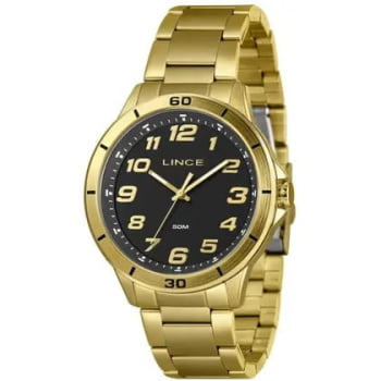Relógio Lince Masculino Dourado Todo Numerado com Visor Preto Á Prova D'água MRGM003L46