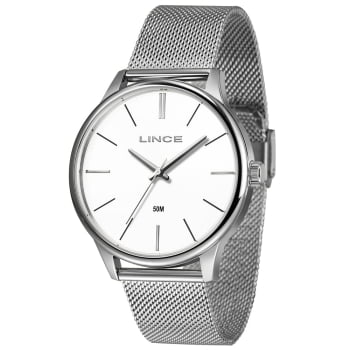 Relógio Lince Masculino Prateado Minimalista Visor Branco Pulseira Milanesa Á Prova D'água MRMM019L46