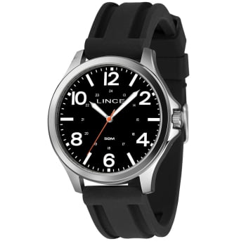 Relógio Lince Masculino Prateado Visor Preto com Pulseira em Silicone Á Prova D'água MRPM017L46
