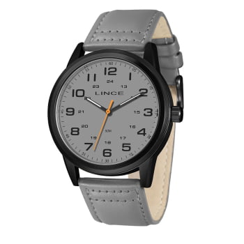 Relógio Lince Masculino Preto Visor Cinza com Numeração Completa Pulseira de Couro Á Prova D'água MRCH287L46