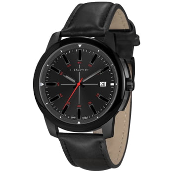 Relógio Lince Masculino Preto Visor Preto com Calendário Pulseira em Couro Preta Á Prova d'água MRC4819L48