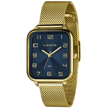 Relógio Lince Minimalista Dourado Visor Azul com Numeração Completa Pulseira Milanesa MQGH248L34