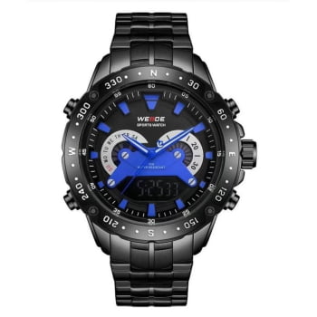 Relógio Weide Masculino Preto com Detalhe Azul no Visor Display Duplo WH-8501