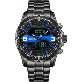 Relógio Masculino Weide Display Duplo Digital e Analógico Preto e Azul 8502