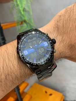 Relógio Masculino Weide Display Duplo Digital e Analógico Preto e Azul 8502
