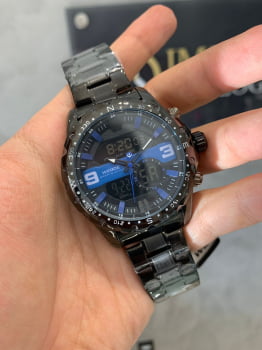 Relógio Masculino Weide Display Duplo Digital e Analógico Preto e Azul 8502