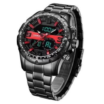 Relógio Weide Masculino Preto com Vermelho Digital Display Duplo WH8502