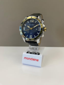 Relógio Mondaine Masculino Bicolor Prateado com Detalhes Dourado Visor Azul com Calendário Pulseira em Couro Preta Á Prova d'água 99829G0MVNH1