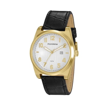 Relógio Mondaine Masculino  Dourado Pulseira De Couro Com Calendário A prova d'água 76779GPMVDH1