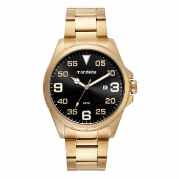 Relógio Mondaine Masculino Dourado Casual com Calendário e Visor Preto Á Prova d'água 32539GPMVDE1