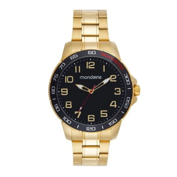 Relógio Mondaine Masculino Dourado Casual com Numeração Completa Robusto Visor Preto Á Prova d'água 99731GPMVDE1
