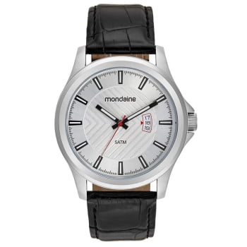 Relógio Mondaine Masculino Prateado com calendário Casual com Pulseira em Couro e Visor Texturizado Á Prova d'água 83505G0MVNH2