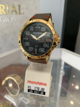Relógio Mondaine Masculino Dourado Casual e Visor Preto Texturizado com Pulseira em Couro Á Prova d'água 32560PMVDH1