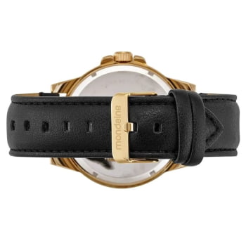 Relógio Mondaine Masculino Dourado Casual e Visor Preto com Numeração completa calendário Pulseira em Couro Á Prova d'água 332562GPMVDH1