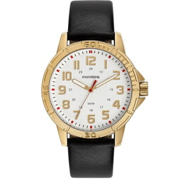 Relógio Mondaine Masculino Dourado Casual Visor Branco Numeração Completa Pulseira em Couro Á Prova d'água 99592GPMVDH3