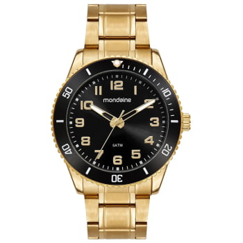 Relógio Mondaine Masculino Dourado Casual Visor Preto Numerado com Luneta Rotativa Á prova D'água  33025GPMVDE1