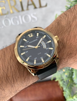 Relógio Mondaine Masculino Dourado com Calendário e Pulseira em Couro esporte fino Á Prova d'água 99216GPMVDH2