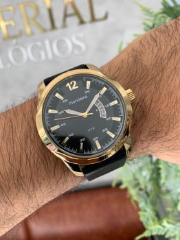 Relógio Mondaine Masculino Dourado com Calendário e Pulseira em Couro esporte fino Á Prova d'água 99216GPMVDH2