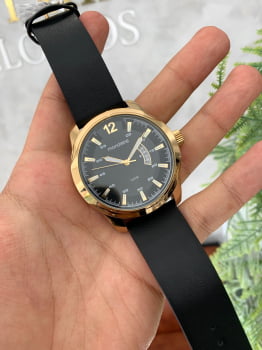 Relógio Mondaine Masculino Dourado com Calendário e Pulseira em Couro esporte fino Á Prova d'água 99216GPMVDH2