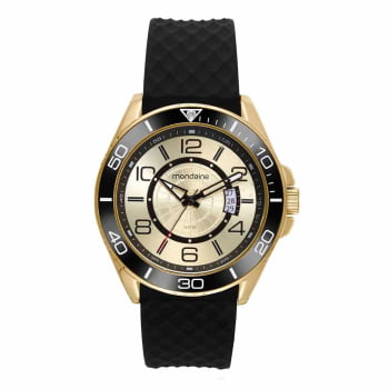 Relógio Mondaine Masculino Dourado Visor Champanhe Texturizado com Taquímetro com Calendário Pulseira em Silicone Preta Á Prova d'água 32542GPMVDI2