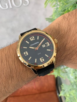 Relógio Mondaine Masculino Dourado com Calendário Silicone Preto a Prova D'água 83499GPMVDI3