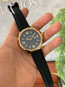 Relógio Mondaine Masculino Dourado com Calendário Silicone Preto a Prova D'água 83499GPMVDI3