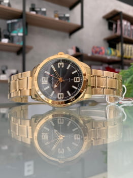 Relógio Mondaine Masculino Dourado com Visor Preto á Prova D'água 53832GPMVDE1