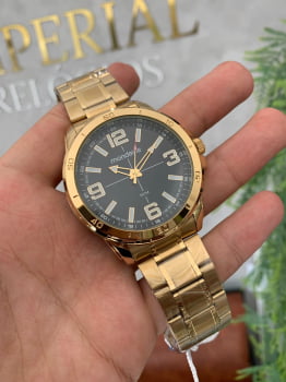 Relógio Mondaine Masculino Dourado com Visor Preto á Prova D'água 53832GPMVDE1