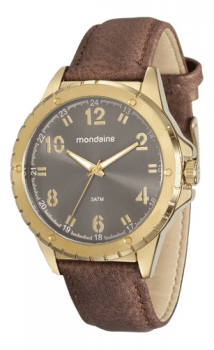 Relógio Mondaine Masculino Dourado Visor Grafite com Pulseira em Couro Cacau Á Prova D'água 76676GPMVDH3