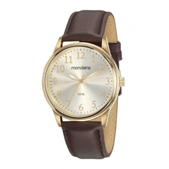 Relógio Mondaine Masculino Dourado marrom Couro numerado social formal á Prova D'água 99546GPMVDH1