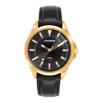 Relógio Mondaine Masculino Dourado Minimalista Visor Preto Pulseira em Couro Preta Á Prova d´água 83528GPMVDH1