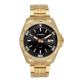 Relógio Mondaine Masculino Dourado Robusto Visor Preto com Calendário Á Prova d'água 32635GPMVDE1